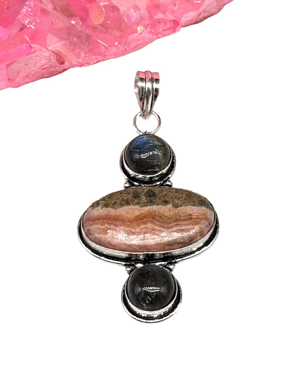 Rhodochrosite & Labradorite Necklace Pendant 925 Sterling Silver Overlay